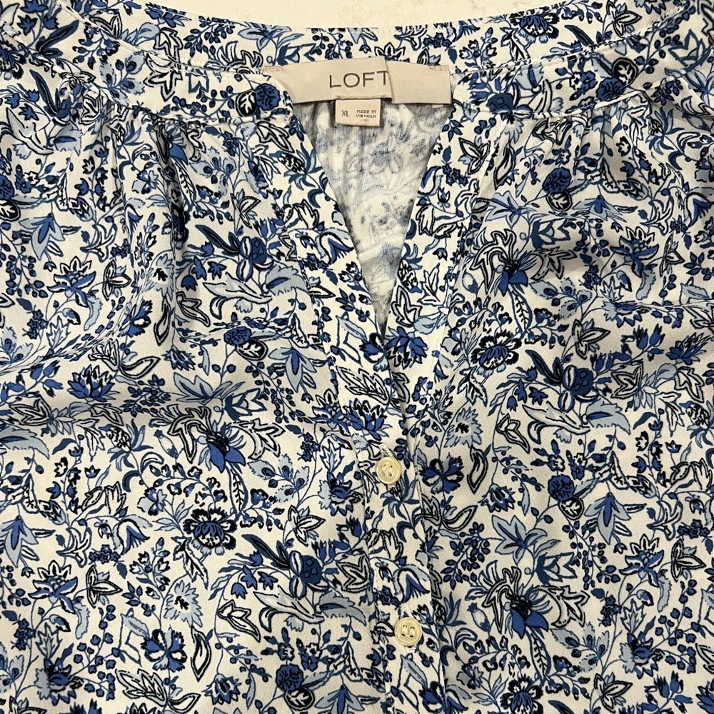 LOFT Floral Blouse in Blue and White